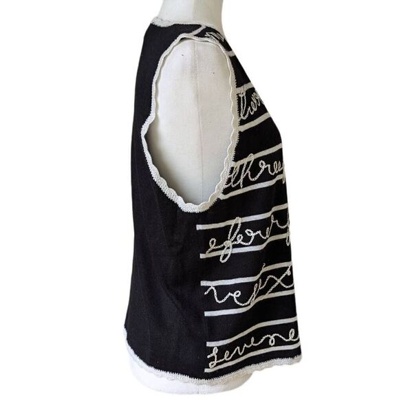 Vintage Koret Sweater Vest Size S Black Striped Crocheted Cursive Cottage Wool - Picture 5 of 7